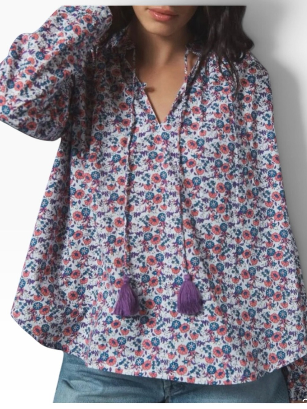 MILLE Joni Floral Print Tassel Detail Long Sleeve Blouse Top Size Med/Large